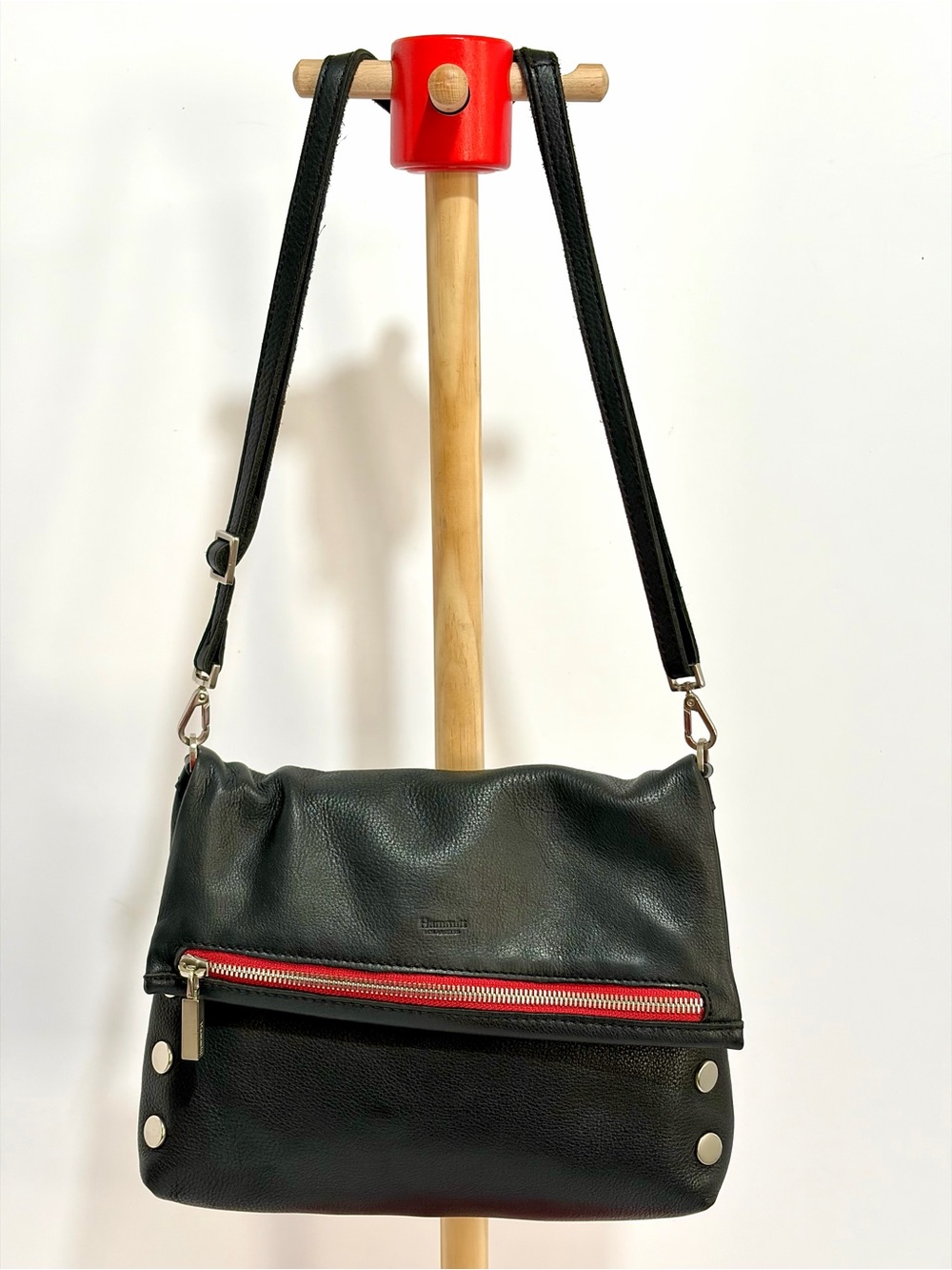 Hammitt VIP Medium In Black Leather/Brushed Silver/Red Zip